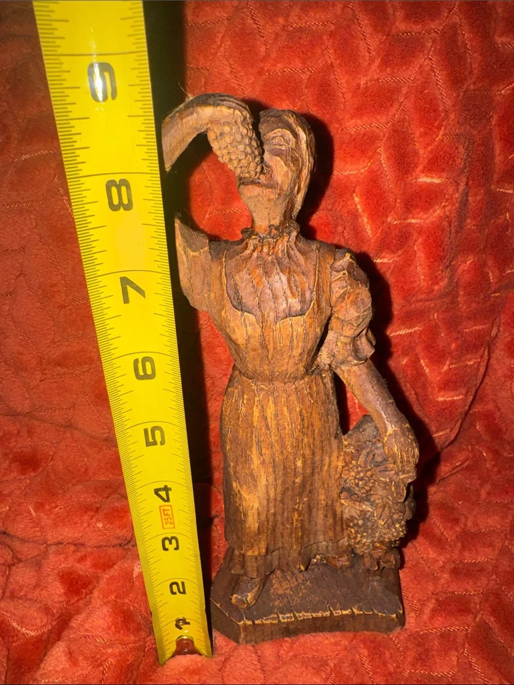 Vintage Hand-Carved Wooden Grape Harvest Lady Figurine / Wine Cellar Decor Art